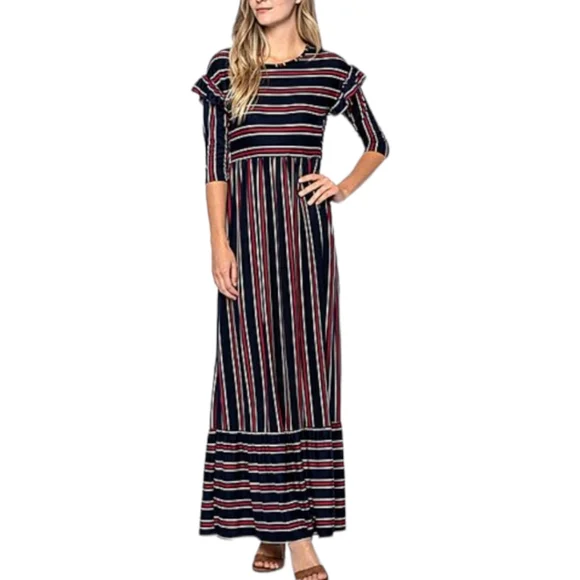Antoinette | Dresses | Antoinette Spicy Mix Navy Striped Ruffled Maxi Dress  Size Medium | Poshmark